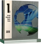 Trofeum szklane z nadrukiem kolorowym LuxorJet, grawerowaniem oraz wypełnieniem farbą i etui